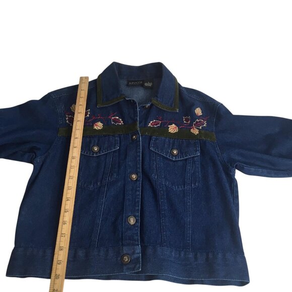 Rebecca Malone Denim Jacket Womens Small Blue Embroidered Leaves Velvet Trim - Picture 8 of 14